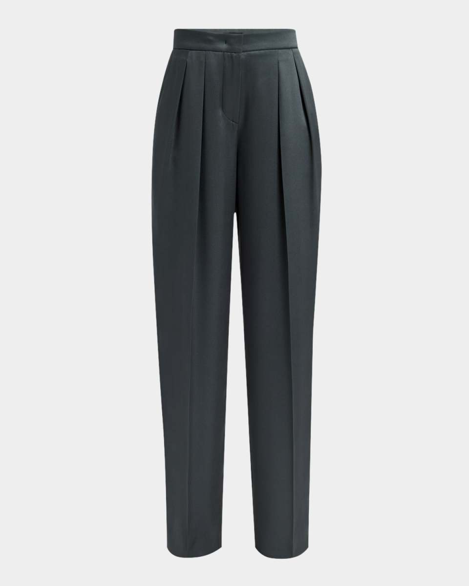 Silk Satin Pleated Straight-Leg Trousers